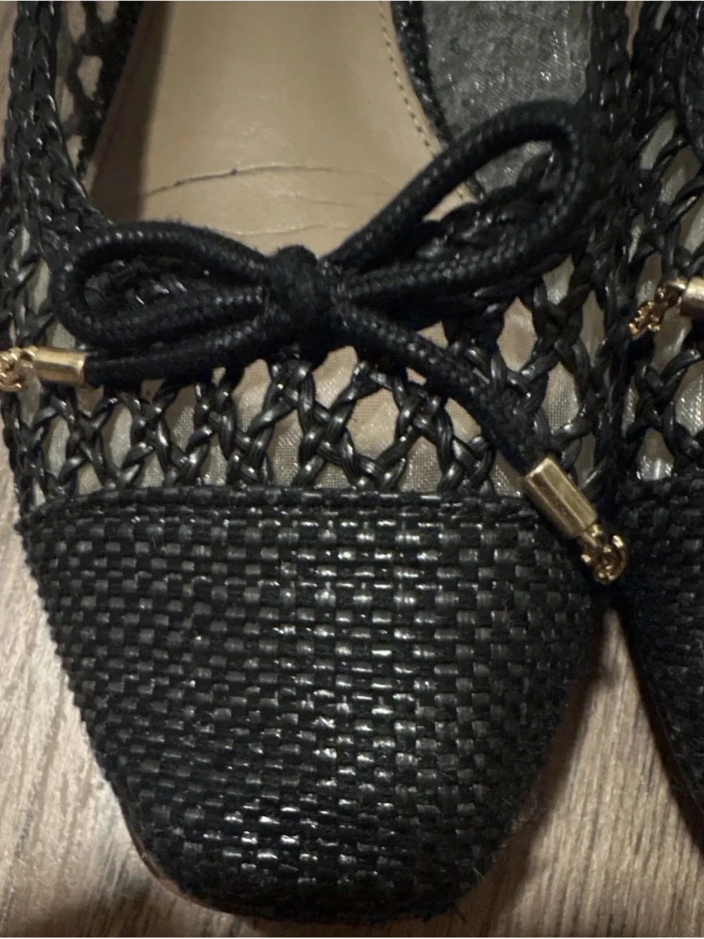 Sam Edelman Black Woven Ballet Flats with Bow and Gold Accents
